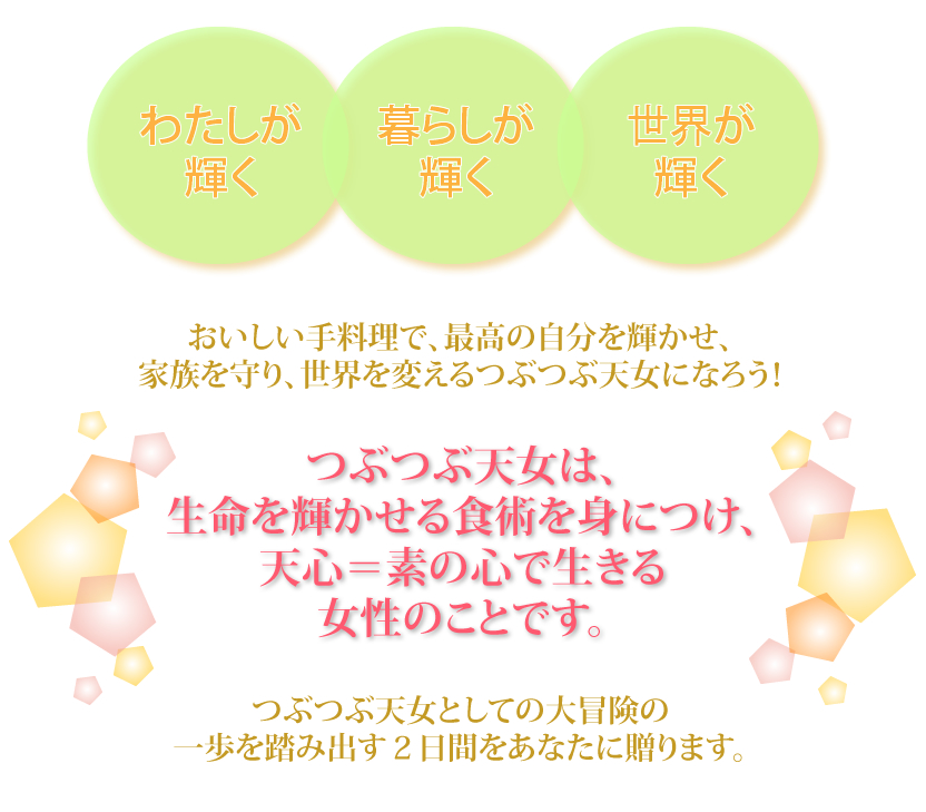 わたしが輝く、暮らしが輝く、世界が輝く-おいしい手料理で、最高の自分を輝かせ、家族を守り、世界を変えるつぶつぶ天女になろう！つぶつぶ天女は、生命を輝かせる食術を身につけ、天心で生きる女性のことです。つぶつぶ天女としての大冒険の一歩を踏み出す２日間をあなたに贈ります。