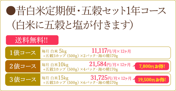 昔白米定期便・五穀セット 1年コース（白米に五穀と塩が付きます）
			1表コース 毎月 白米 5kg+五穀3カップ×２パック・海の精170g 11,117円/月×12ヶ月 送料無料
			2表コース 毎月 白米10kg+五穀3カップ×4パック・海の精170g 21,584円/月×12ヶ月 7,800円お得! 送料無料
			3表コース 毎月 白米15kg+五穀3カップ×6パック・海の精170g 白米15kg 31,725円/月×12ヶ月 19,500円お得! 送料無料